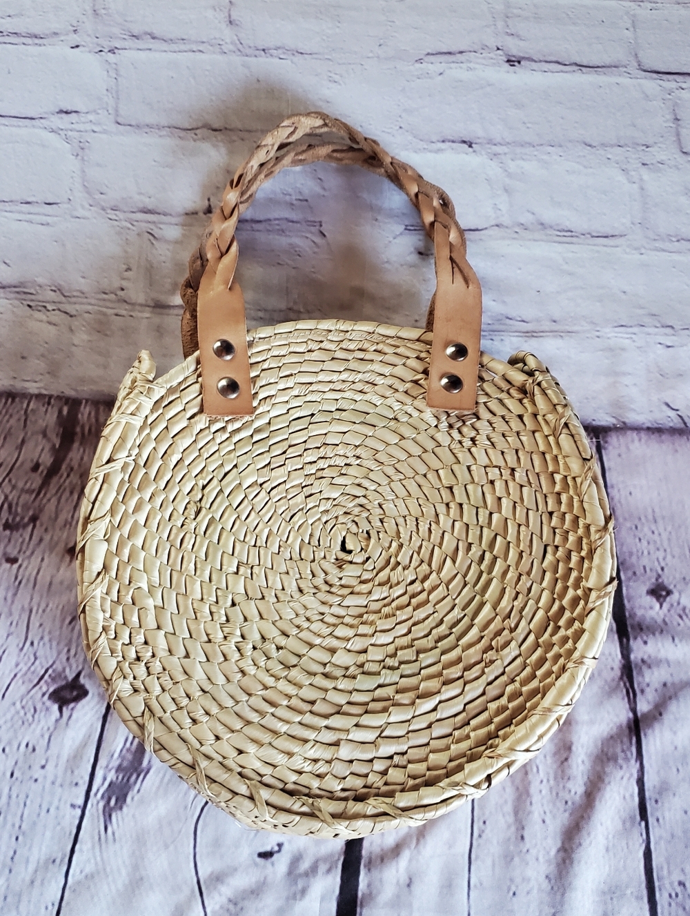 Bay Sky Handcrafted Round Woven Straw Handbag Leather Straps Beachy Boho Summer
